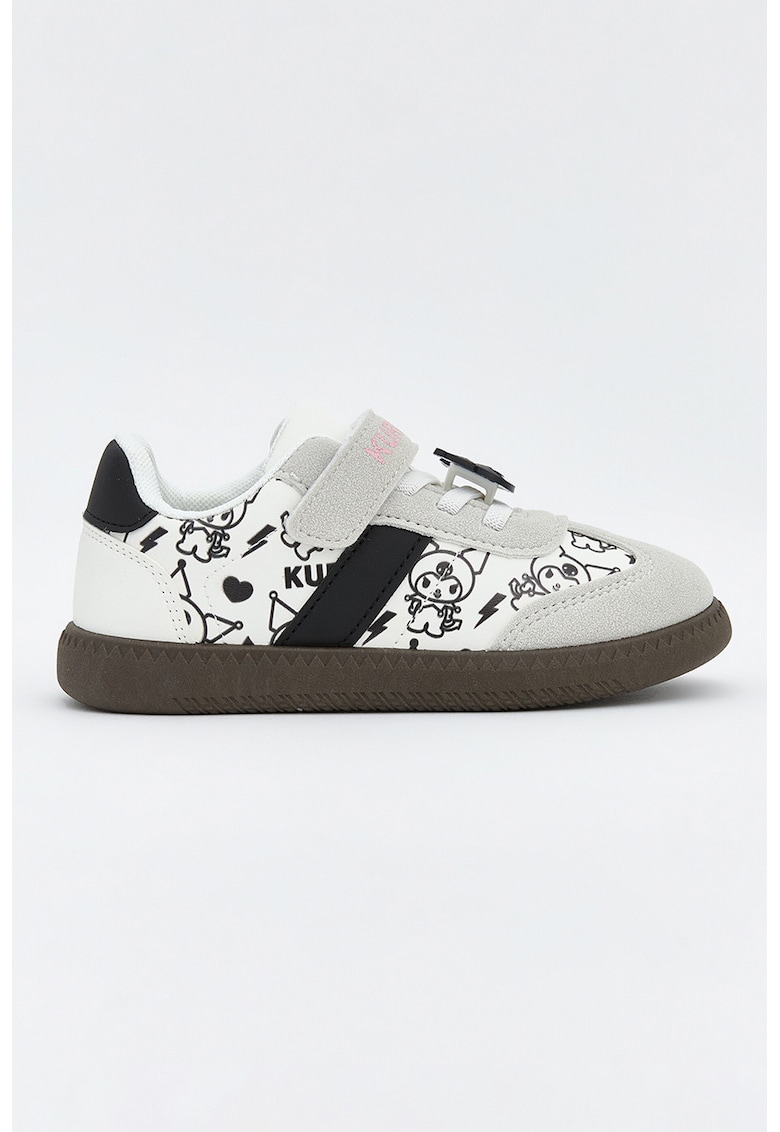 Pantofi sport low-cut cu model si garnituri din piele intoarsa ecologica - Alb/Negru/Gri deschis
