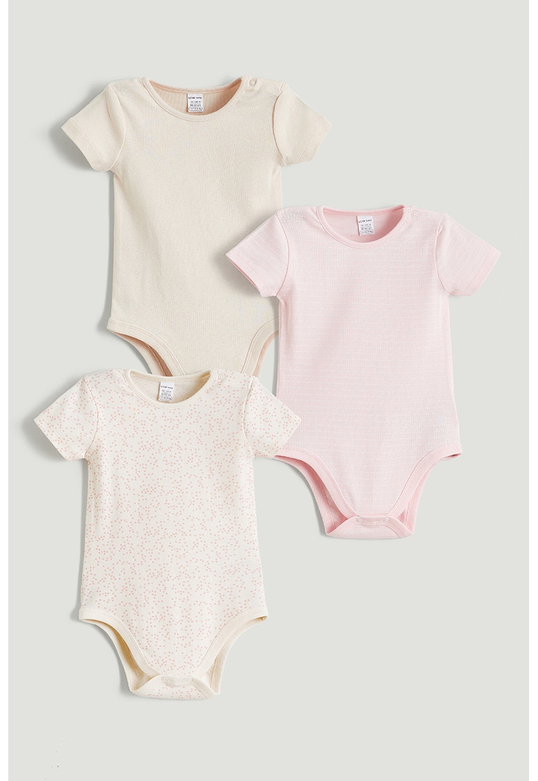 Set de body-uri din bumbac cu imprimeu - 3 piese - Roz pastel/Bej