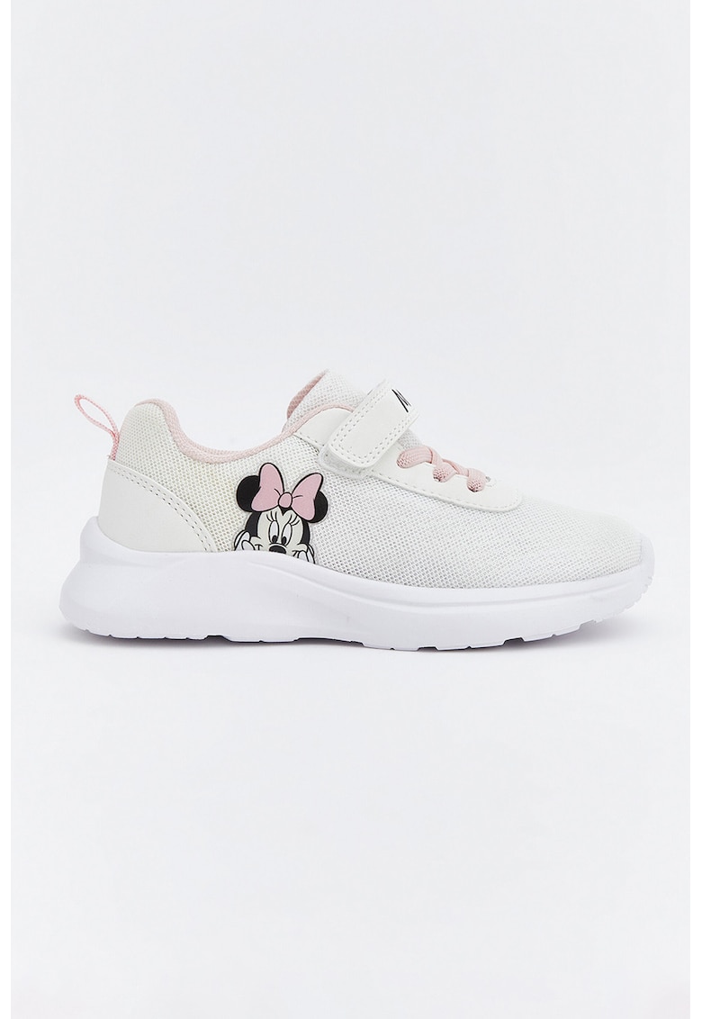 Pantofi sport din material textil cu inchidere velcro si imprimeu cu Minnie Mouse - Alb
