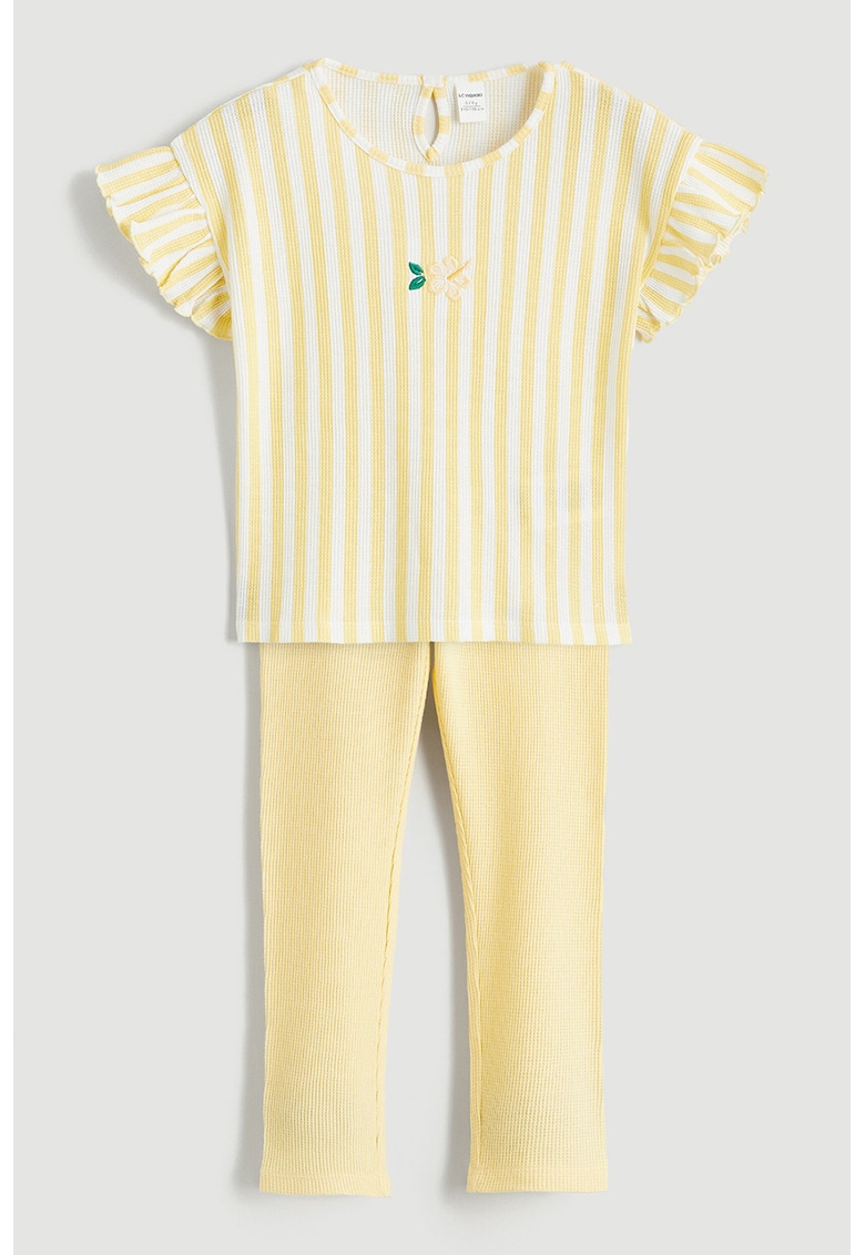 Set de tricou texturat si pantaloni - Alb/Galben