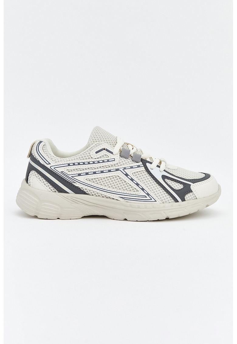 Pantofi sport de piele ecologica cu insertii de plasa - Alb fildes/Gri antracit