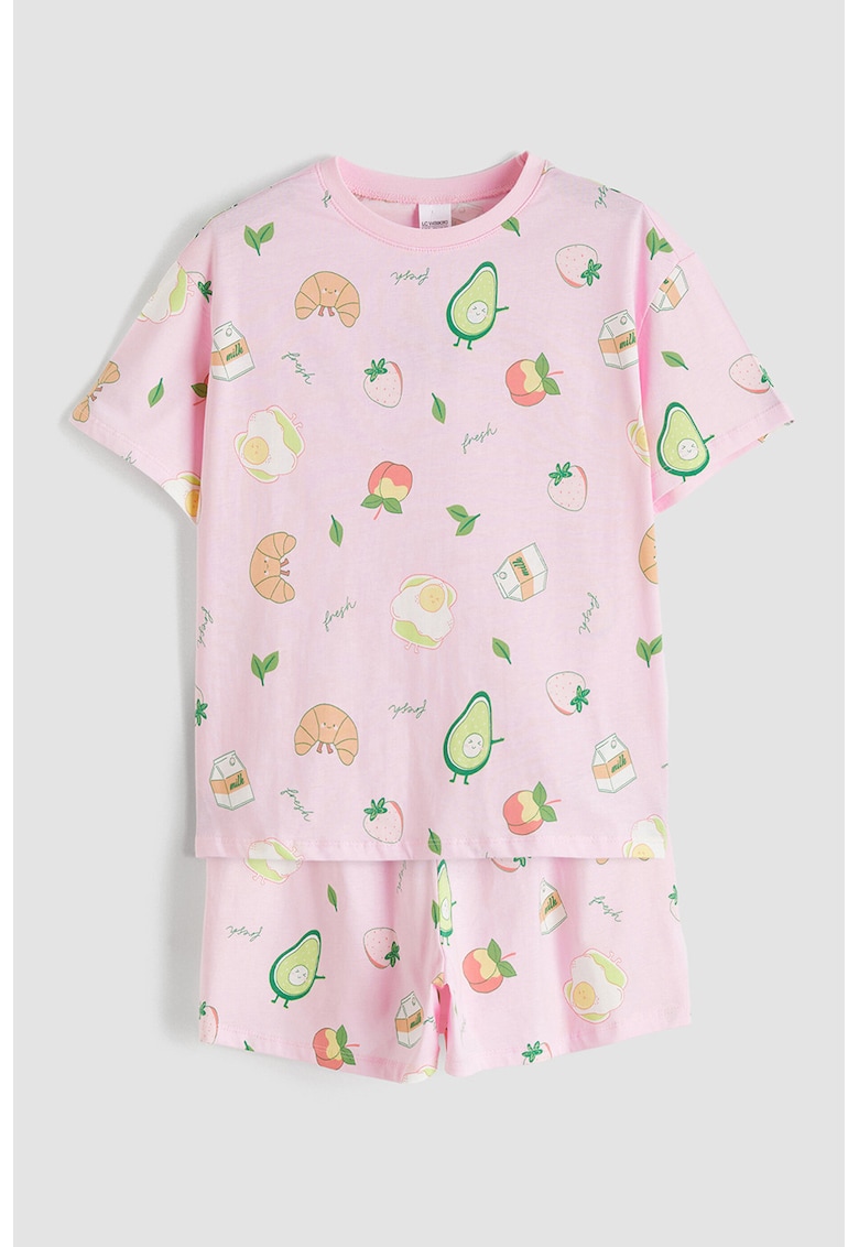 Pijama scurta din bumbac cu imprimeu - Verde/Roz pastel/Portocaliu persan