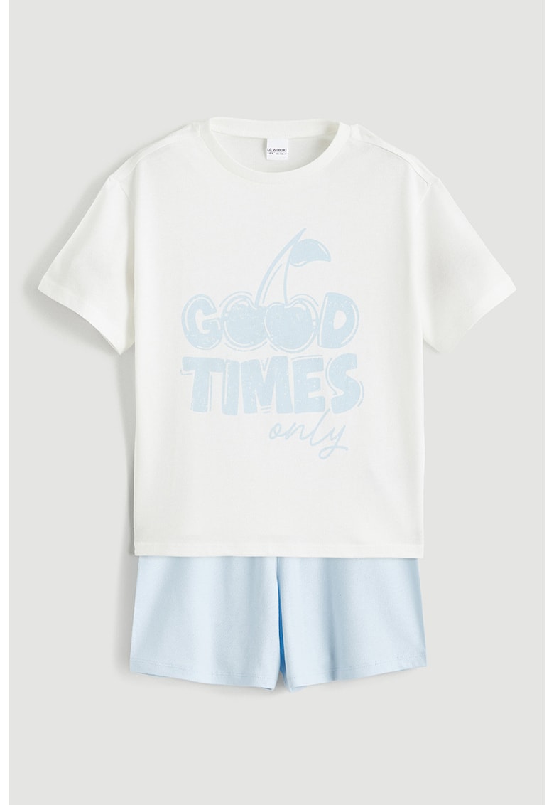 Pijama din bumbac cu pantaloni scurti si imprimeu text - Alb/Albastru deschis