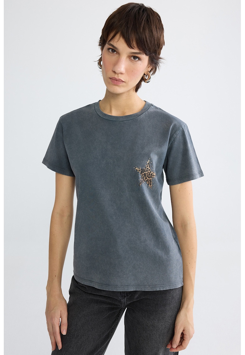 Tricou cu imprimeu cu stea si nituri - Gri antracit