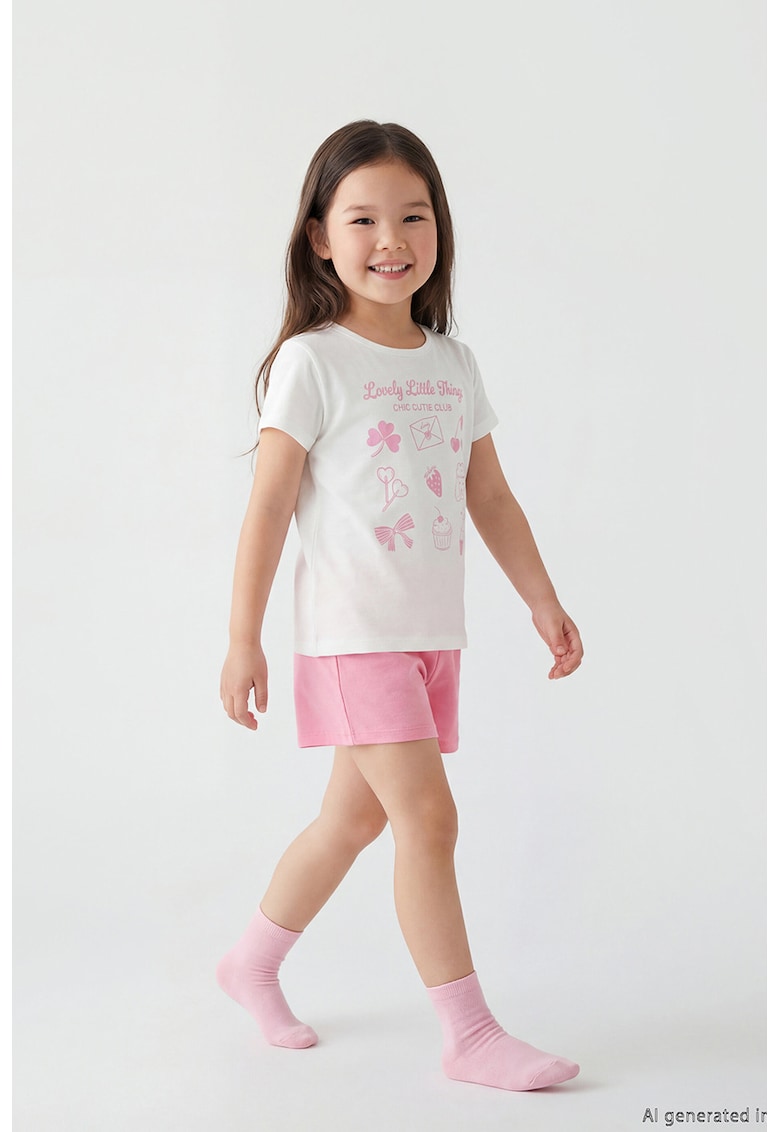 Pijama scurta din bumbac cu talie elastica - Alb/Roz pastel
