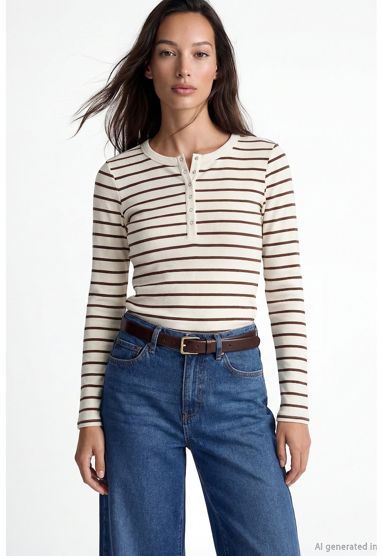 Bluza slim fit cu model in dungi si fenta cu capse - Bej deschis/Maro pamantiu