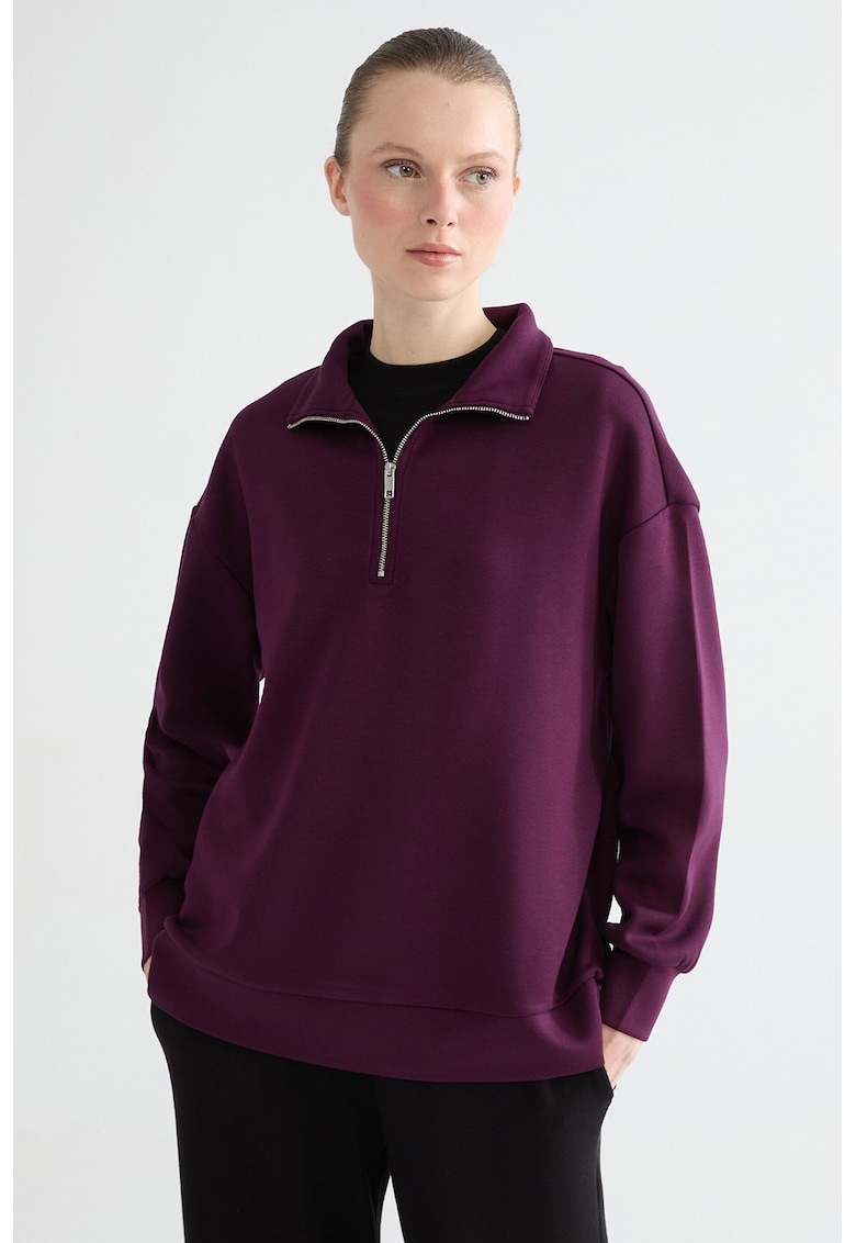 Bluza de trening cu fenta cu fermoar si model uni - Violet pruna