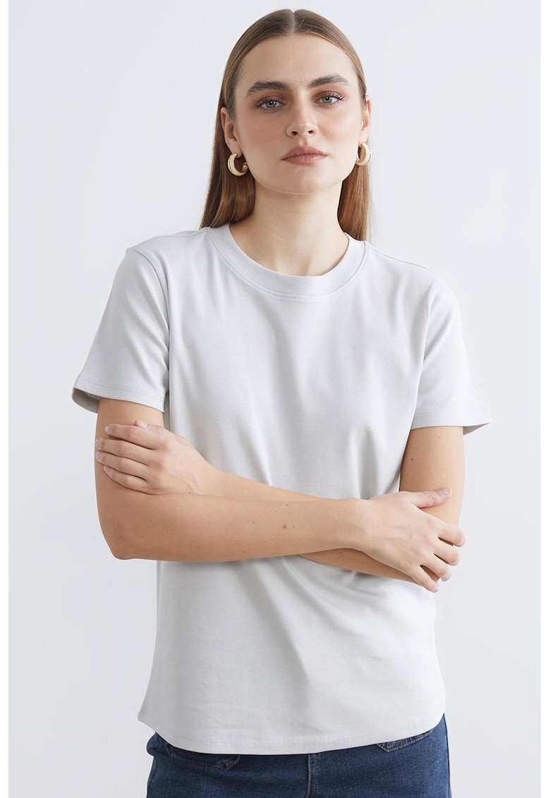 Tricou uni din bumbac cu decolteu la baza gatului - Gri deschis