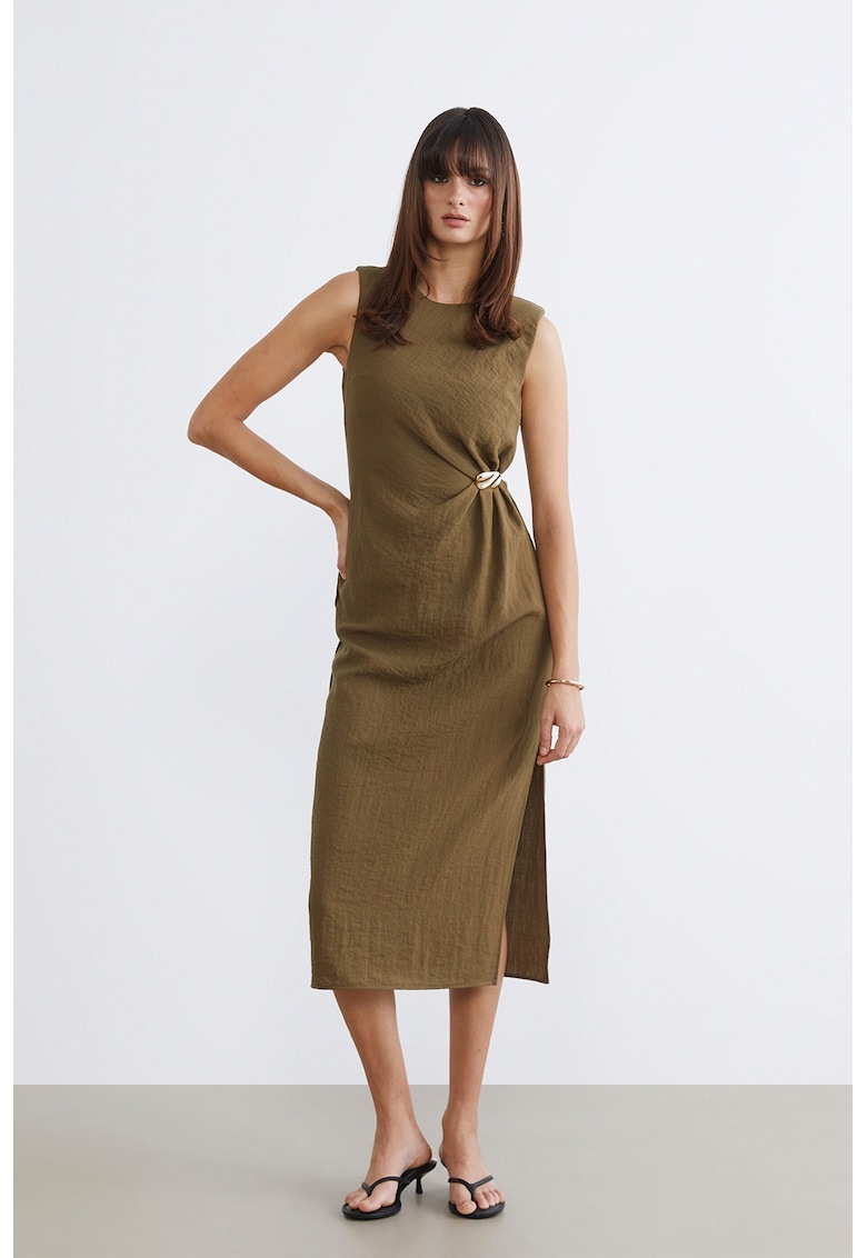 Rochie midi cu slit lateral - Kaki