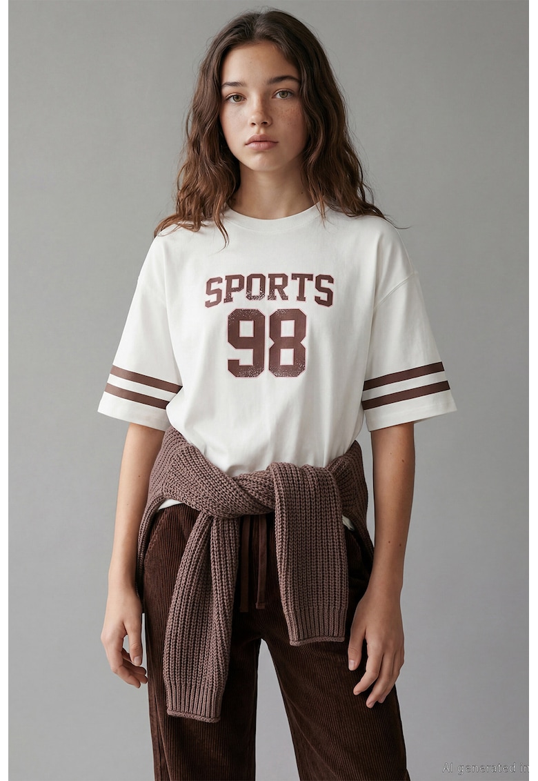 Tricou din bumbac cu imprimeu grafic - Alb/Maro cognac
