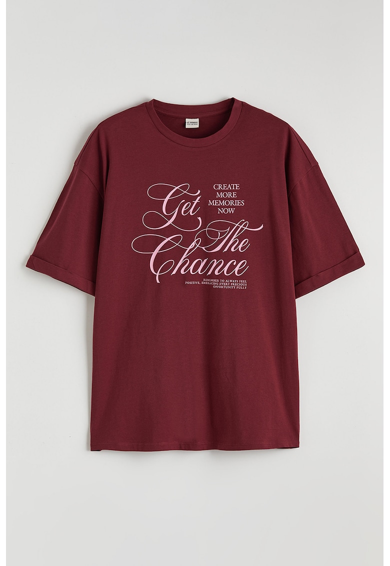 Tricou din bumbac cu imprimeu text - Visiniu/Roz pastel