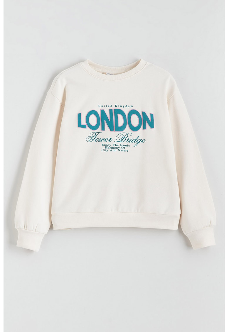 Bluza de trening din amestec de bumbac cu imprimeu text - Alb fildes/Albastru petrol