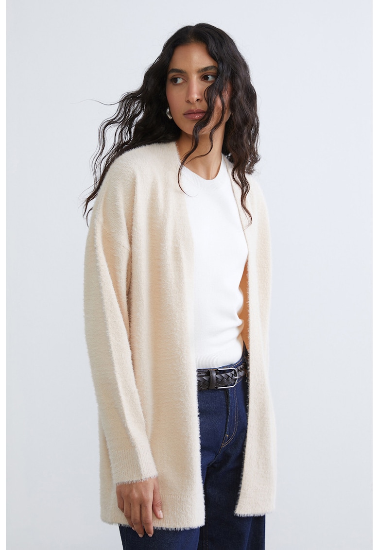 Cardigan cu aspect pufos - fara inchidere - Alb fildes