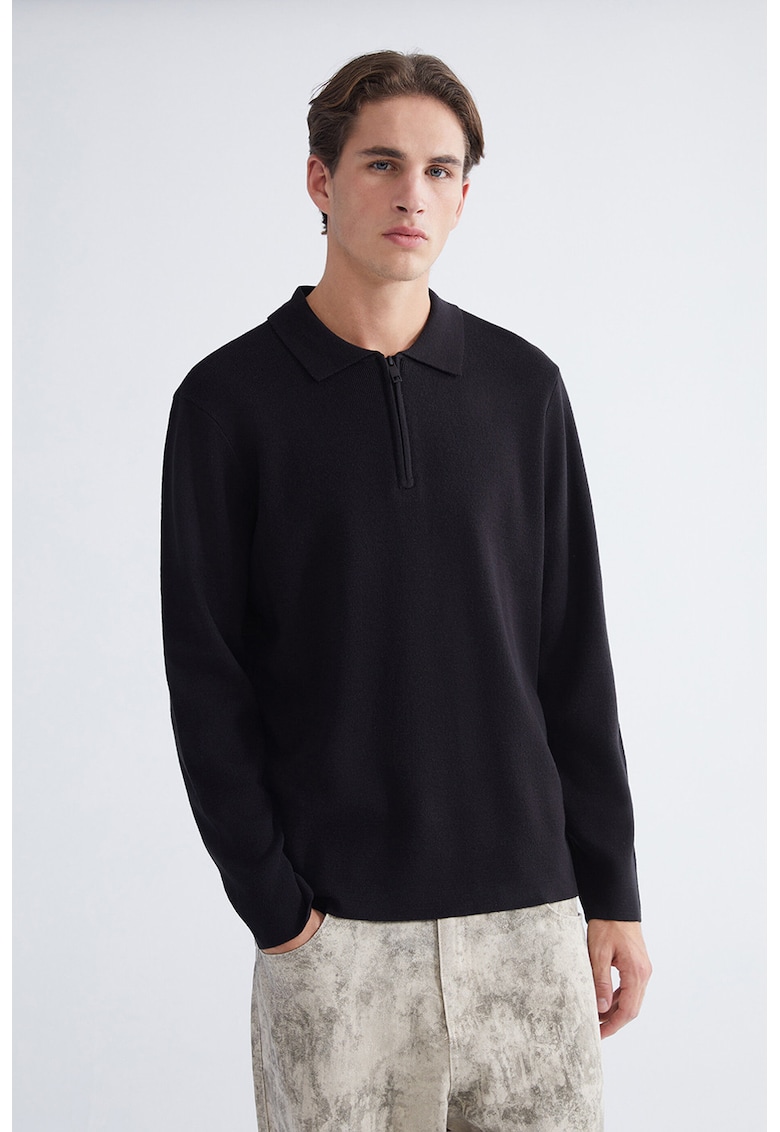 Pulover polo cu fenta cu fermoar - Negru