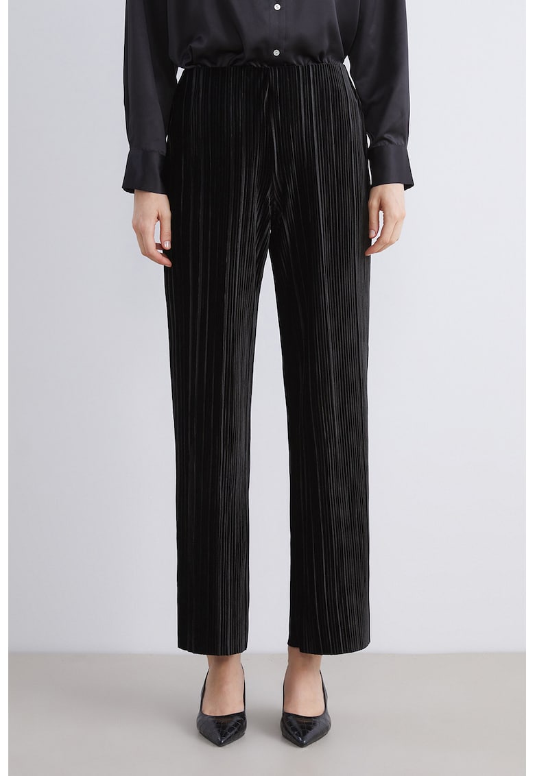 Pantaloni plisati cu talie inalta - Negru