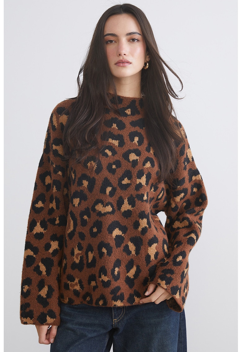 Pulover supradimensionat cu animal print Vision - Maro pamantiu