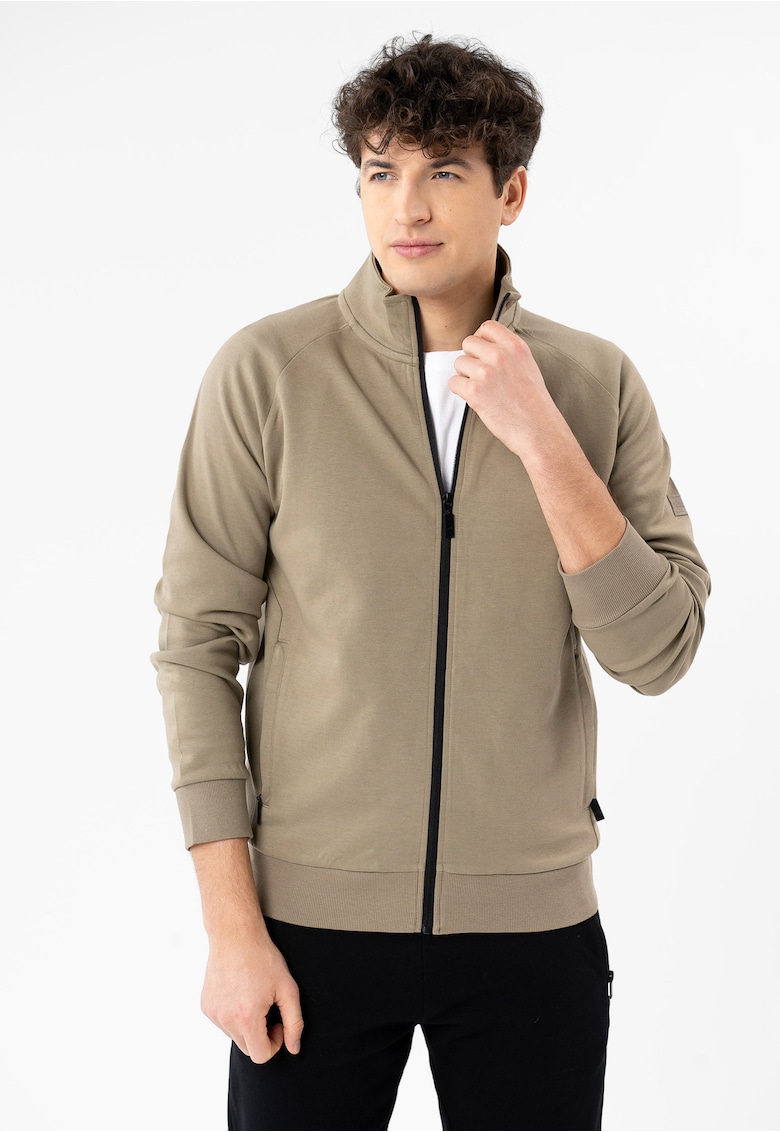 Bluza de trening din bumbac cu fermoar - cu buzunare - regular fit - cu guler inalt - B-Guest - kaki - Kaki