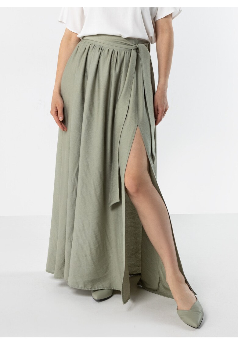 Fusta maxi talie inalta - snur - slit - nylon - verde