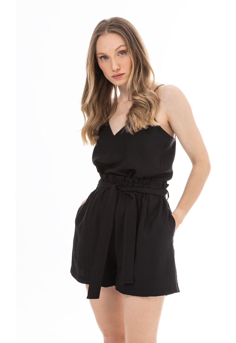 Top dama - bretele subtiri - decolteu in V - negru - nylon