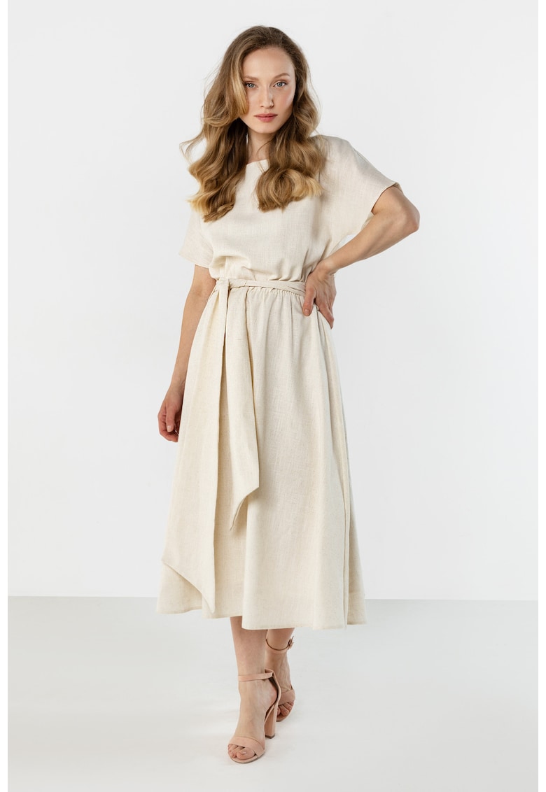 Rochie midi dama - in/viscoza - cordon in talie - bej