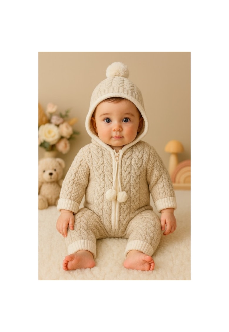 Salopeta tricotata groasa cu gluga pentru bebelusi – model crem - iarna
