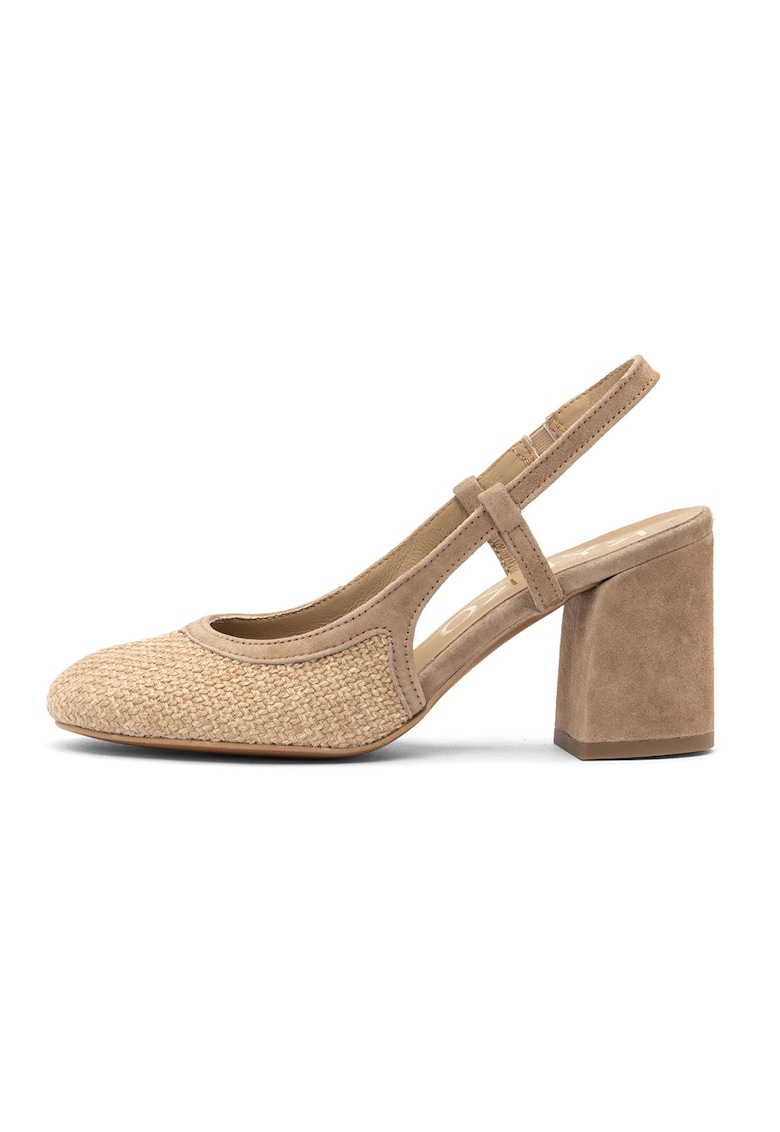 Pantofi slingback cu garnituri din piele intoarsa si toc masiv - Maro nisip
