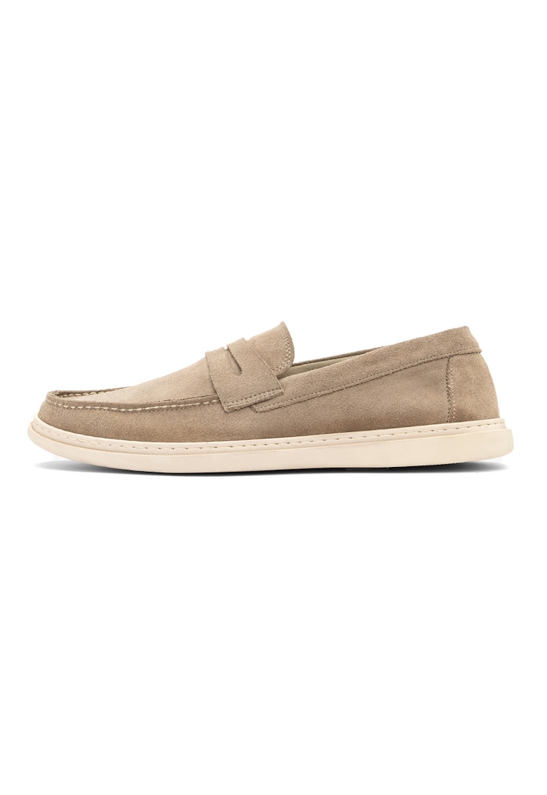 Pantofi loafer din piele intoarsa cu model uni - Bej