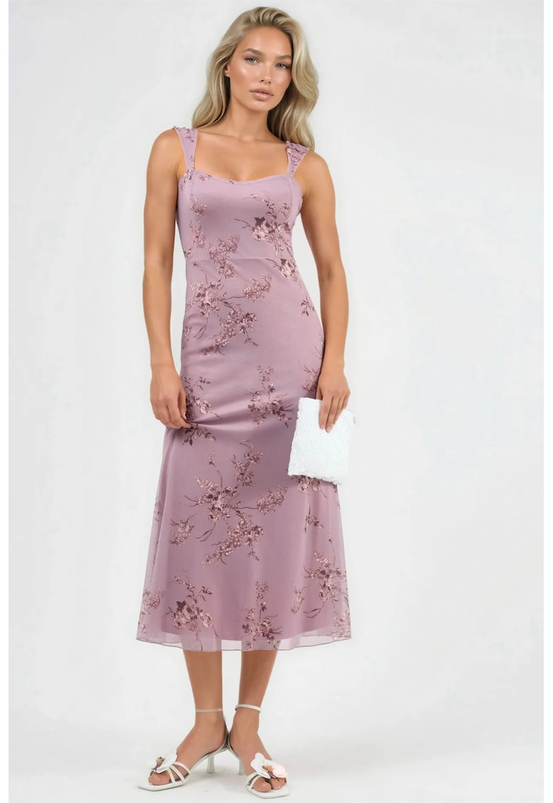 Rochie Midi - Florala cu Guler Inima - Roz Aprins - Tricot