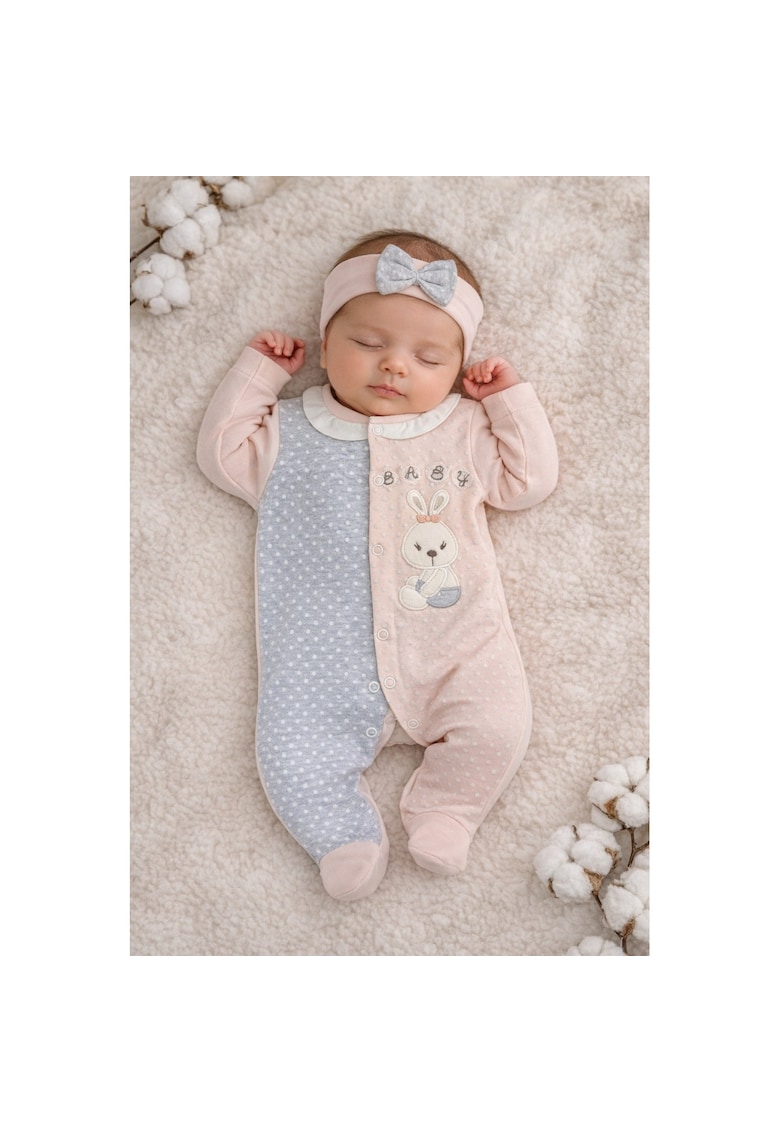 Salopeta bebe fete roz gri baby iepuras cu bentita bumbac