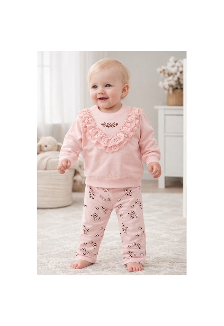 Set fete roz 2 piese bluza cu volane pantaloni imprimeu floral
