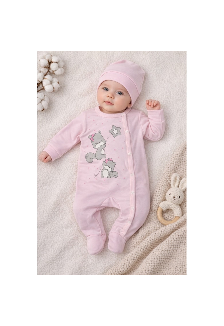 Salopeta bebe fetite roz cu caciulita 2 piese imprimeu ursulet