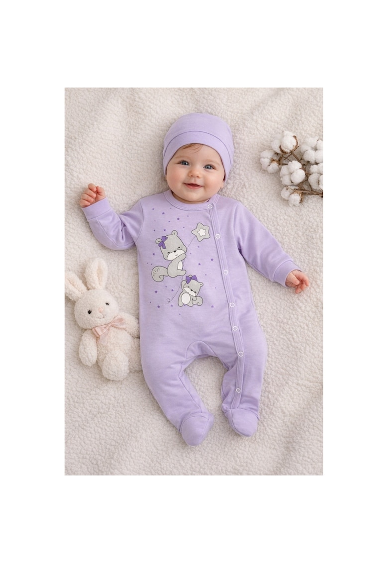 Salopeta bebe fetite mov lila cu caciulita 2 piese bumbac