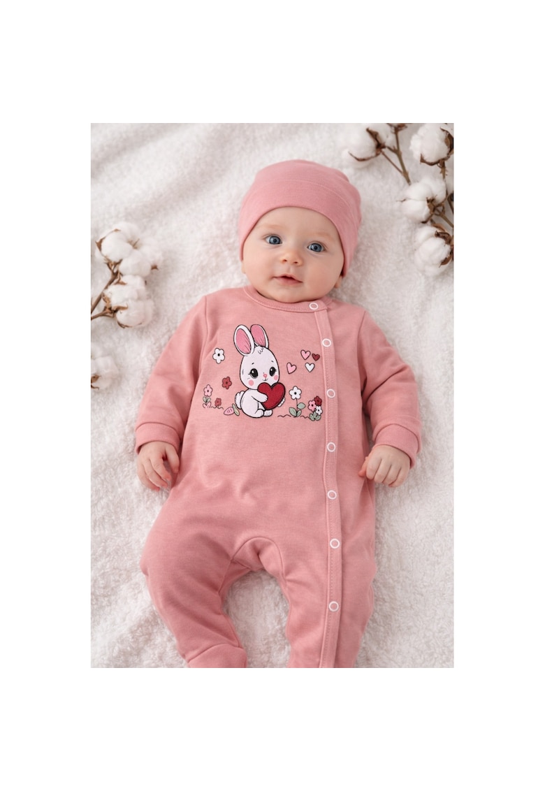 Salopeta bebe fetite roz cu iepuras si caciulita 2 piese bumbac