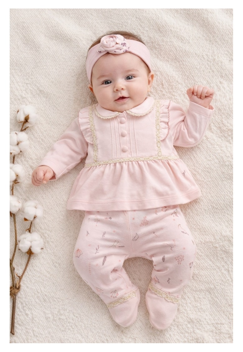 Set bebe fete 3 piese roz elegant bluza dantela pantaloni imprimati bentita - 0-3 luni - Bumbac - Roz