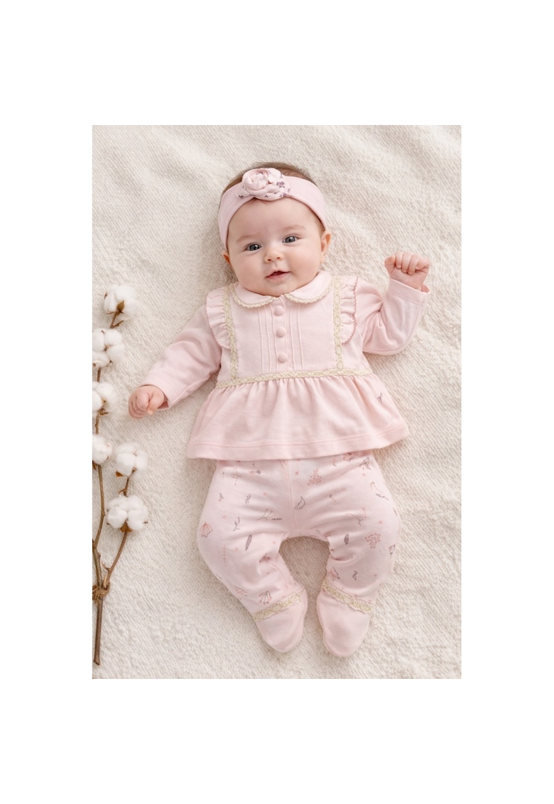 Set bebe fete 3 piese roz elegant bluza dantela pantaloni imprimati bentita - 0-3 luni - Bumbac - Roz