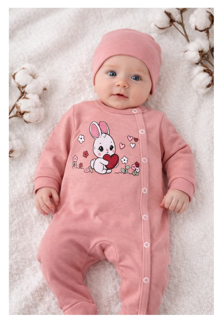 Salopeta bebe fetite roz cu iepuras si caciulita 2 piese bumbac