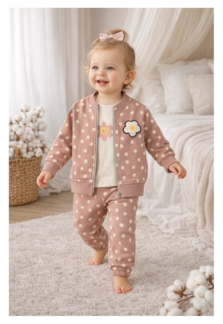 Set trening fete 3 piese roz pudra cu buline jacheta bluza pantaloni