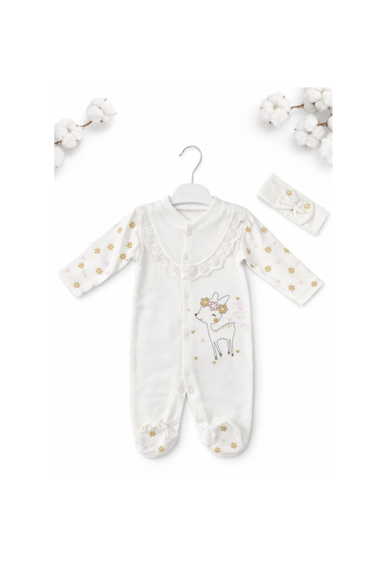Salopeta bebe fetite alba cu bentita 2 piese imprimeu caprioara