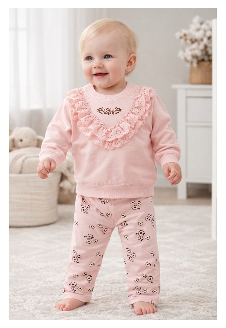Set fete roz 2 piese bluza cu volane pantaloni imprimeu floral