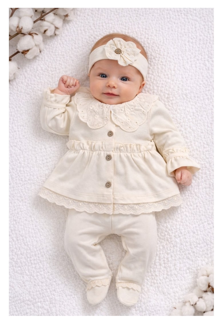 Set bebe fete crem 3 piese elegant bluza volane dantela pantaloni bentita - 0-3 luni - Bumbac - Crem