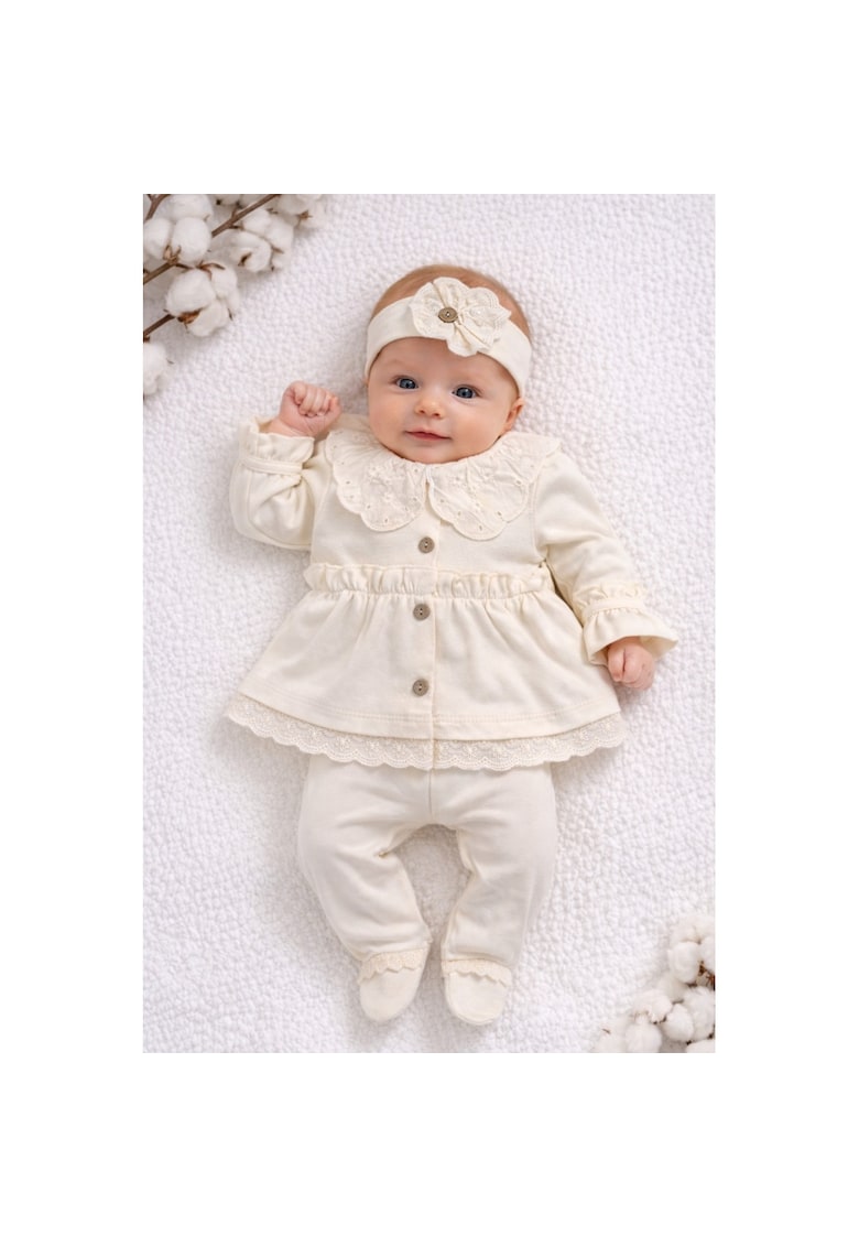 Set bebe fete crem 3 piese elegant bluza volane dantela pantaloni bentita - 0-3 luni - Bumbac - Crem