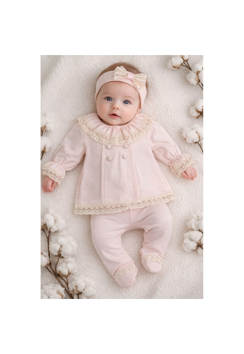 Set elegant fete roz 3 piese bluza pantaloni bentita dantela - 0-3 luni - Bumbac - Roz