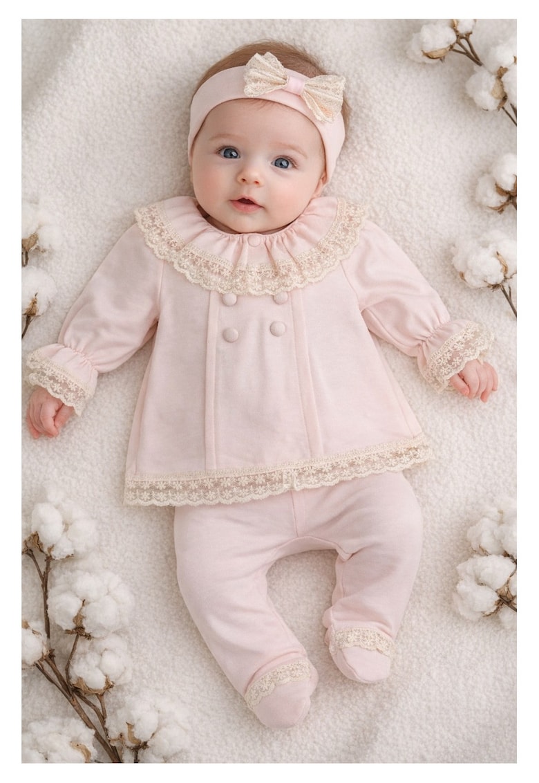 Set elegant fete roz 3 piese bluza pantaloni bentita dantela - 0-3 luni - Bumbac - Roz