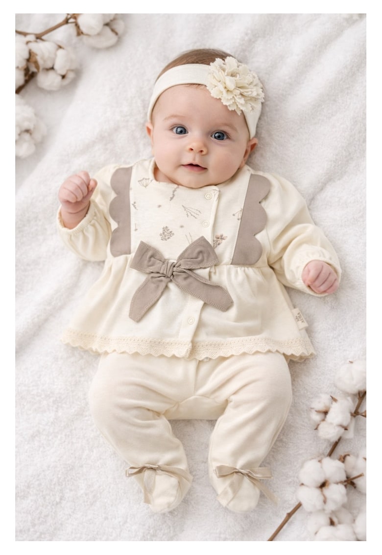 Set elegant fete crem 3 piese bluza fundita pantaloni bentita - 0-3 luni - Bumbac - Crem