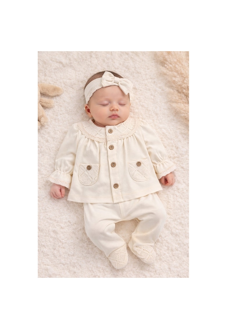 Set bebe fete 3 piese crem elegant bluza dantela pantaloni bentita - 0-3 luni - Bumbac - Crem