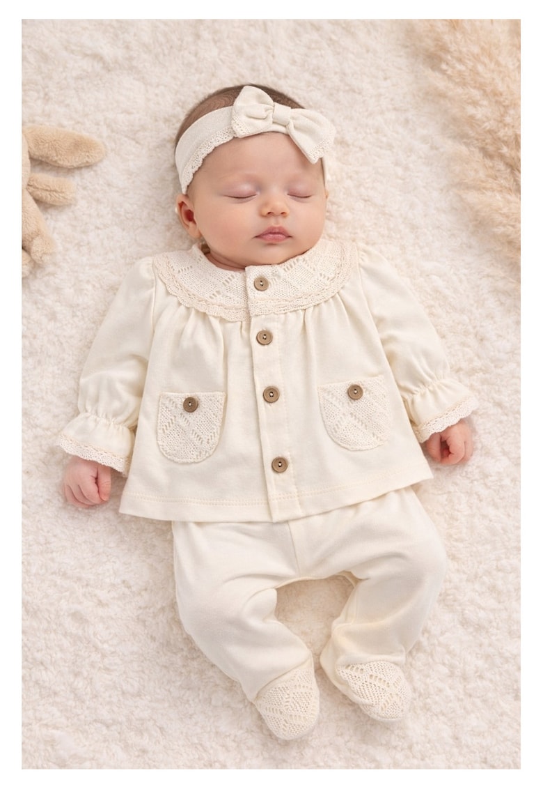 Set bebe fete 3 piese crem elegant bluza dantela pantaloni bentita - 0-3 luni - Bumbac - Crem