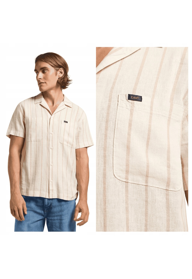 Camasa Barbati - 2PKT Camp Shirt - Regular Fit - Design Clasic - Maneci Scurti - Cu Guler - Cu Nasturi - Bumbac - Bej - Bej