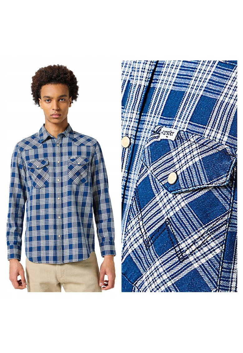 Camasa Barbati - Western Indigo Shirt - Regular Fit - Design Clasic - Maneci Lungi - Cu Guler - Cu Nasturi - Bumbac - Albastru - Albastru