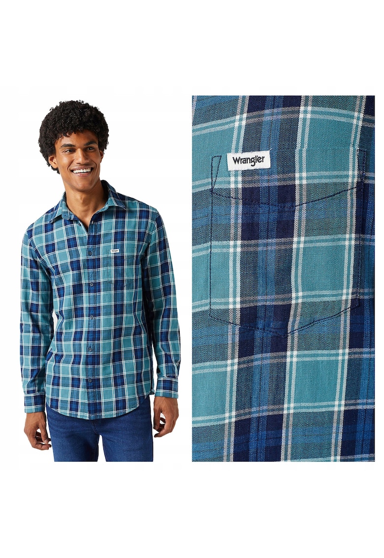 Camasa Barbati - One Pocket Shirt - Regular Fit - Design Clasic - Maneci Lungi - Cu Guler - Cu Nasturi - Bumbac - Multicolor - Albastru