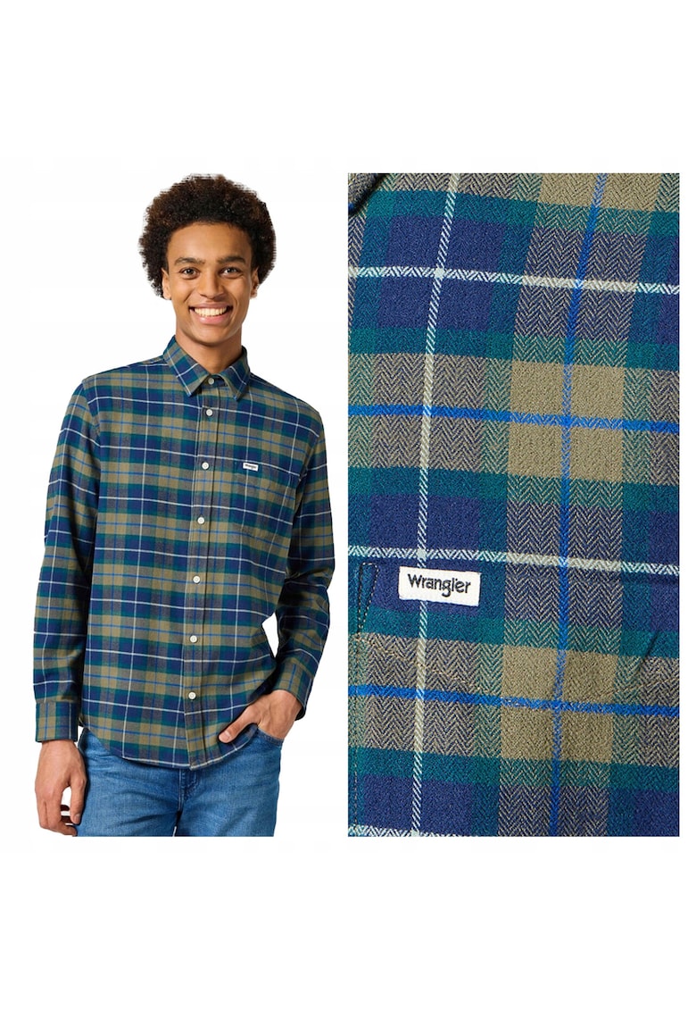 Camasa Barbati - 1PKT Flannel Shirt - Regular Fit - Design Clasic - Maneci Lungi - Cu Guler - Cu Nasturi - Bumbac - Verde